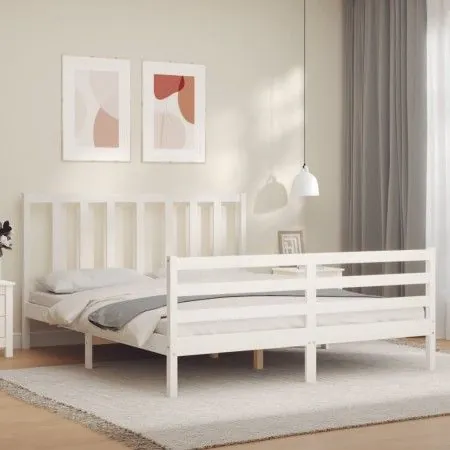 White solid wood bed frame with headboard 160x200 cm by vidaXL, Beds and slatted bases - Ref: Foro24-3193867, Price: 136,67 €...