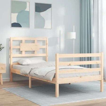 Bed frame with solid wood headboard 90x200 cm by vidaXL, Beds and slatted bases - Ref: Foro24-3194426, Price: 91,50 €, Discou...