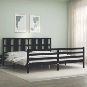 Bed frame with black solid wood headboard 200x200 cm by vidaXL, Beds and slatted bases - Ref: Foro24-3194140, Price: 179,56 €...