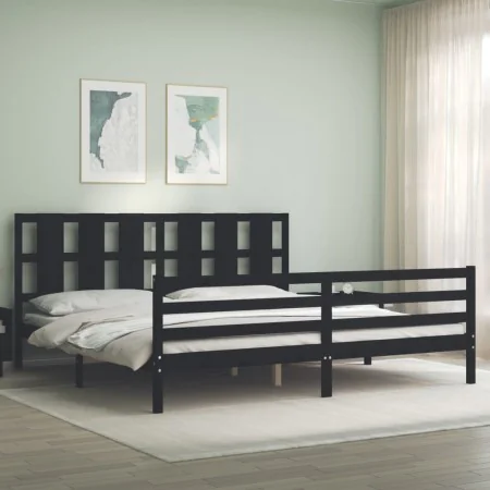 Bed frame with black solid wood headboard 200x200 cm by vidaXL, Beds and slatted bases - Ref: Foro24-3194140, Price: 179,56 €...