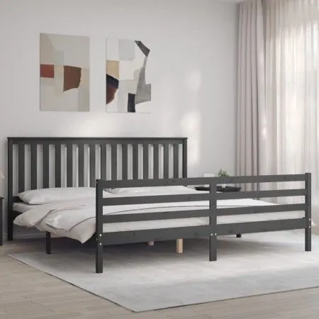 Gray solid wood bed frame with headboard 200x200 cm by vidaXL, Beds and slatted bases - Ref: Foro24-3194268, Price: 177,83 €,...