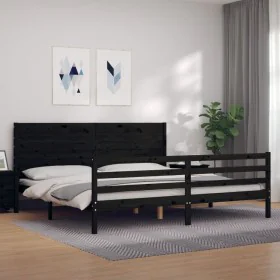 Bed frame with black solid wood headboard 200x200 cm by vidaXL, Beds and slatted bases - Ref: Foro24-3194660, Price: 188,72 €...