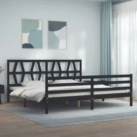 Bed frame with black solid wood headboard 200x200 cm by vidaXL, Beds and slatted bases - Ref: Foro24-3194400, Price: 171,88 €...