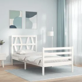 White solid wood bed frame with headboard 90x200 cm by vidaXL, Beds and slatted bases - Ref: Foro24-3194362, Price: 96,13 €, ...