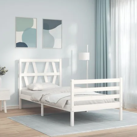 Weißer Massivholzbettrahmen mit Kopfteil 90x200 cm von vidaXL, Betten und Lattenroste - Ref: Foro24-3194362, Preis: 97,37 €, ...