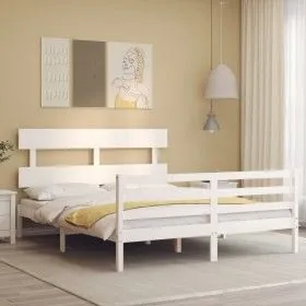 Weißer Massivholzbettrahmen mit Kopfteil 160x200 cm von vidaXL, Betten und Lattenroste - Ref: Foro24-3195102, Preis: 135,33 €...
