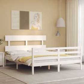 White solid wood bed frame with headboard 160x200 cm by vidaXL, Beds and slatted bases - Ref: Foro24-3195102, Price: 135,34 €...