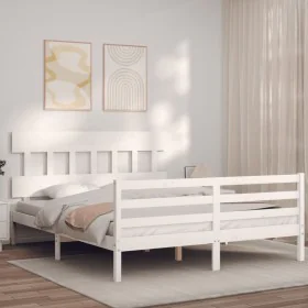 White solid wood bed frame with headboard 160x200 cm by vidaXL, Beds and slatted bases - Ref: Foro24-3195167, Price: 139,08 €...