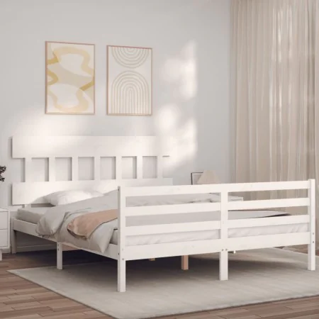 White solid wood bed frame with headboard 160x200 cm by vidaXL, Beds and slatted bases - Ref: Foro24-3195167, Price: 139,08 €...