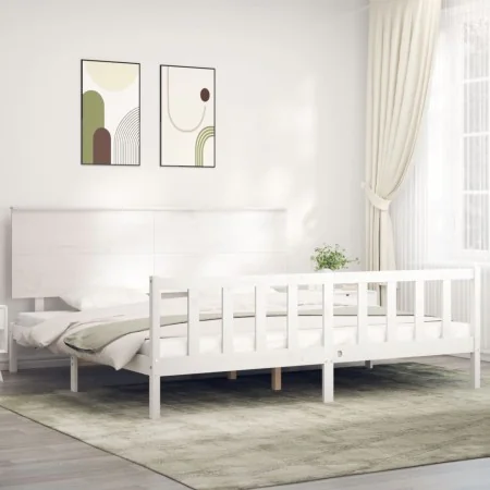White solid wood bed frame with headboard 200x200 cm by vidaXL, Beds and slatted bases - Ref: Foro24-3193422, Price: 169,67 €...