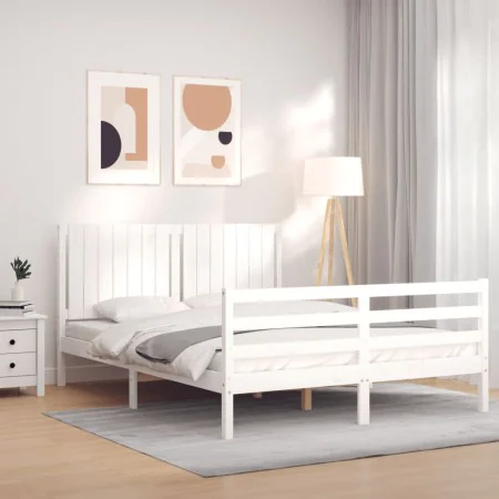 White solid wood bed frame with headboard 160x200 cm by vidaXL, Beds and slatted bases - Ref: Foro24-3194777, Price: 173,73 €...