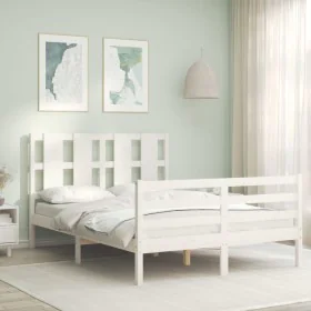 White solid wood bed frame with headboard 140x190 cm by vidaXL, Beds and slatted bases - Ref: Foro24-3194097, Price: 135,39 €...