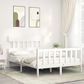 White solid wood bed frame with headboard 140x200 cm by vidaXL, Beds and slatted bases - Ref: Foro24-3193337, Price: 128,51 €...