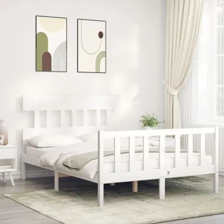 White solid wood bed frame with headboard 140x200 cm by vidaXL, Beds and slatted bases - Ref: Foro24-3193337, Price: 128,51 €...