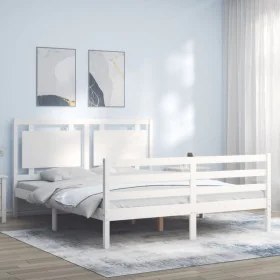 Double bed frame with white solid wood headboard by vidaXL, Beds and slatted bases - Ref: Foro24-3194057, Price: 165,06 €, Di...