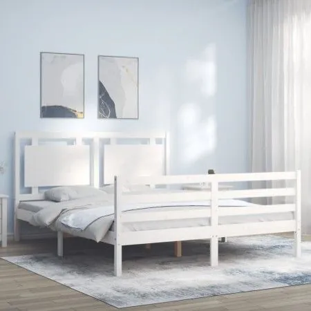 Double bed frame with white solid wood headboard by vidaXL, Beds and slatted bases - Ref: Foro24-3194057, Price: 165,06 €, Di...