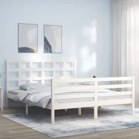 Double bed frame with white solid wood headboard by vidaXL, Beds and slatted bases - Ref: Foro24-3193992, Price: 145,02 €, Di...