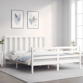 White solid wood bed frame with headboard 160x200 cm by vidaXL, Beds and slatted bases - Ref: Foro24-3193802, Price: 140,34 €...