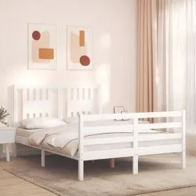 White solid wood bed frame with headboard 140x190 cm by vidaXL, Beds and slatted bases - Ref: Foro24-3194552, Price: 142,76 €...