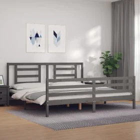 Gray solid wood bed frame with headboard 200x200 cm by vidaXL, Beds and slatted bases - Ref: Foro24-3194723, Price: 170,51 €,...