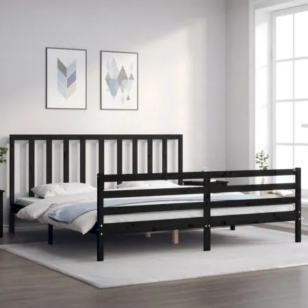 Bed frame with black solid wood headboard 200x200 cm by vidaXL, Beds and slatted bases - Ref: Foro24-3193815, Price: 169,78 €...