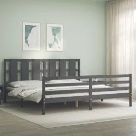 Gray solid wood bed frame with headboard 200x200 cm by vidaXL, Beds and slatted bases - Ref: Foro24-3194138, Price: 179,41 €,...
