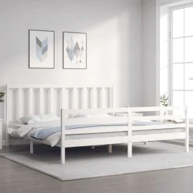White solid wood bed frame with headboard 200x200 cm by vidaXL, Beds and slatted bases - Ref: Foro24-3193812, Price: 153,36 €...