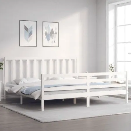 White solid wood bed frame with headboard 200x200 cm by vidaXL, Beds and slatted bases - Ref: Foro24-3193812, Price: 153,36 €...