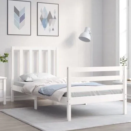 White solid wood bed frame with headboard 90x200 cm by vidaXL, Beds and slatted bases - Ref: Foro24-3193777, Price: 95,84 €, ...