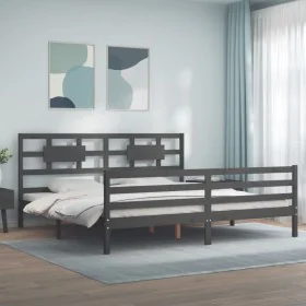 Gray solid wood bed frame with headboard 200x200 cm by vidaXL, Beds and slatted bases - Ref: Foro24-3194463, Price: 174,31 €,...
