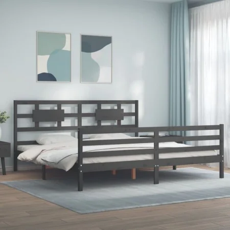 Gray solid wood bed frame with headboard 200x200 cm by vidaXL, Beds and slatted bases - Ref: Foro24-3194463, Price: 174,31 €,...