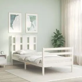 White solid wood bed frame with headboard 100x200 cm by vidaXL, Beds and slatted bases - Ref: Foro24-3194107, Price: 112,32 €...