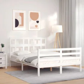 White solid wood bed frame with headboard 140x200 cm by vidaXL, Beds and slatted bases - Ref: Foro24-3194832, Price: 132,14 €...