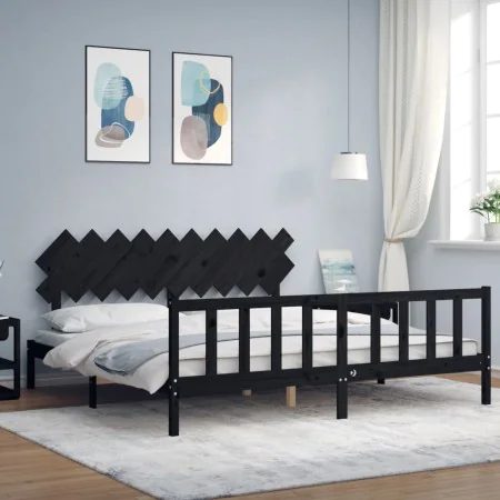 Bed frame with black solid wood headboard 200x200 cm by vidaXL, Beds and slatted bases - Ref: Foro24-3193490, Price: 207,96 €...