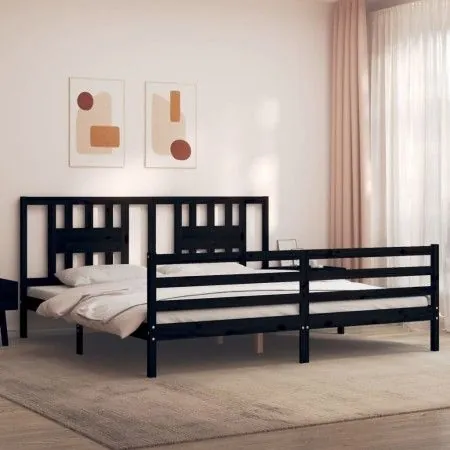 Bed frame with black solid wood headboard 200x200 cm by vidaXL, Beds and slatted bases - Ref: Foro24-3194595, Price: 172,80 €...