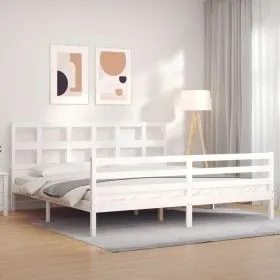 White solid wood bed frame with headboard 200x200 cm by vidaXL, Beds and slatted bases - Ref: Foro24-3194852, Price: 155,68 €...