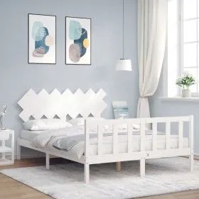 Weißer Massivholzbettrahmen mit Kopfteil 140x200 cm von vidaXL, Betten und Lattenroste - Ref: Foro24-3193467, Preis: 131,76 €...