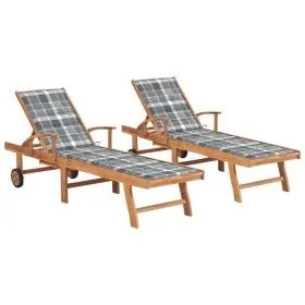 Sonnenliegen 2 Stück aus massivem Teakholz mit grau kariertem Kissen von vidaXL, Liegen - Ref: Foro24-3073200, Preis: 576,49 ...