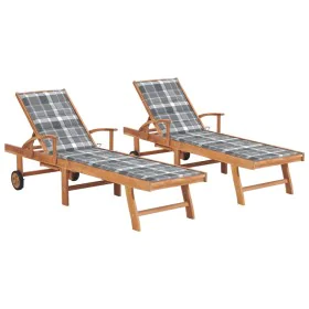 Tumbonas 2 uds madera maciza de teca con cojín a cuadros gris de vidaXL, Tumbonas - Ref: Foro24-3073200, Precio: 578,09 €, De...