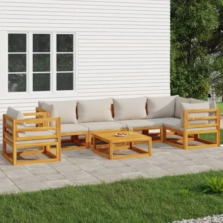 7-teiliges Gartenmöbel-Set aus massivem Holz und hellgrauen Kissen von vidaXL, Gartensets - Ref: Foro24-3155305, Preis: 826,1...