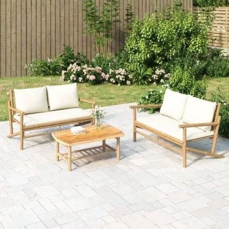 Gartenmöbel-Set 3-teilig aus Bambus und cremeweißen Kissen von vidaXL, Gartensets - Ref: Foro24-3156473, Preis: 419,54 €, Rab...
