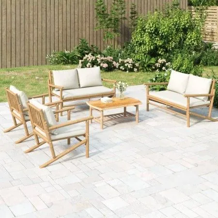 5-piece garden furniture set made of bamboo with cream white cushions by vidaXL, Garden sets - Ref: Foro24-3156475, Price: 65...
