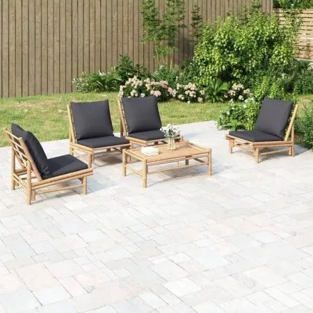 5-teiliges Gartenmöbel-Set aus Bambus mit dunkelgrauen Kissen von vidaXL, Gartensets - Ref: Foro24-3156486, Preis: 482,26 €, ...