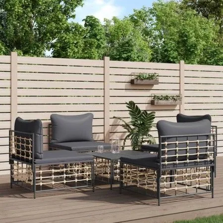 5-teiliges Gartenmöbel-Set und anthrazitfarbene PE-Rattan-Kissen von vidaXL, Outdoor-Sofas - Ref: Foro24-3186711, Preis: 370,...