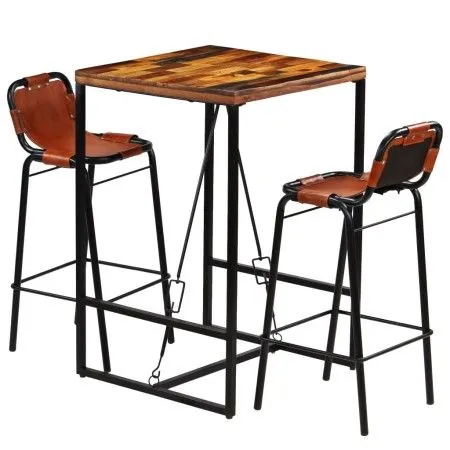 Bar furniture set 3 pieces recycled wood authentic goat leather by vidaXL, Furniture sets for kitchens and dining rooms - Ref...