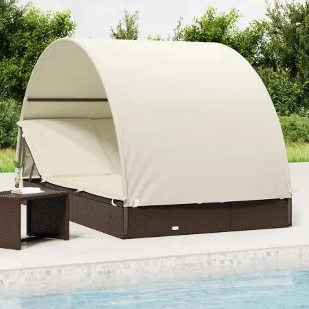 2-person sun lounger with round awning, brown PE rattan, 211x112x140 cm by vidaXL, Loungers - Ref: Foro24-319653, Price: 307,...