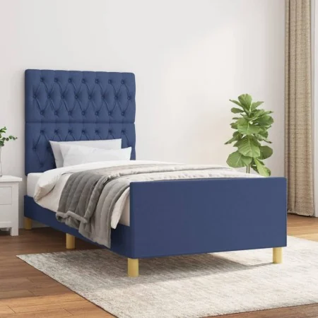 Bed frame with blue fabric headboard 90x190 cm by vidaXL, Beds and slatted bases - Ref: Foro24-3125266, Price: 168,95 €, Disc...