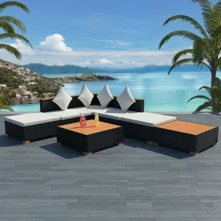 Muebles de jardín y cojines 7 piezas ratán sintético negro de vidaXL, Conjuntos de jardín - Ref: Foro24-42757, Precio: 641,40...