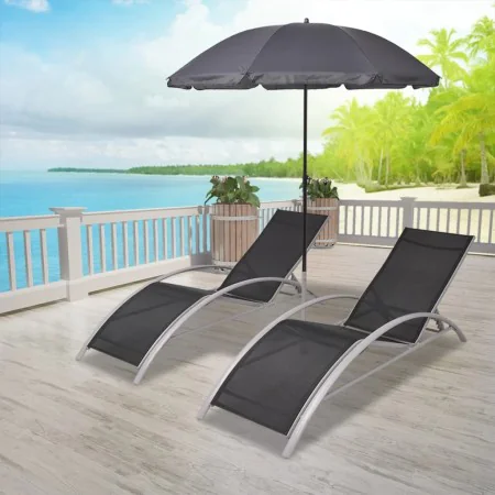 Liegestühle mit schwarzem Aluminium-Sonnenschirm von vidaXL, Liegen - Ref: Foro24-42161, Preis: 181,02 €, Rabatt: %