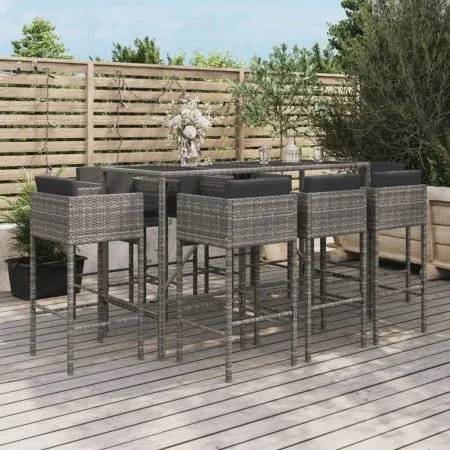 Garden table and high stools 9 pieces with gray PE rattan cushions by vidaXL, Garden sets - Ref: Foro24-3200654, Price: 729,0...